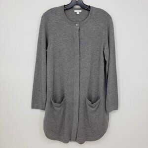 J. Jill Long Button Down Cardigan Sweater S Wool Blend Pockets Crew‎ Neck Gray